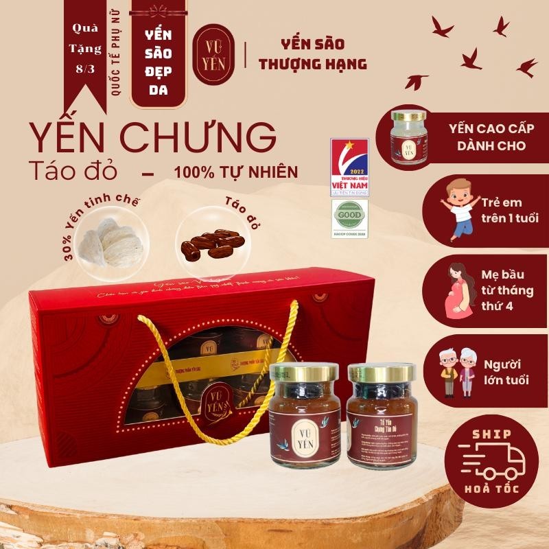 (GIAO HỎA TỐC) Set hộp quà 10 hũ yến chưng táo đỏ nguyên chất cao cấp đạt chuẩn, yến sào hàm lượng 30% yến tươi | Vũ Y