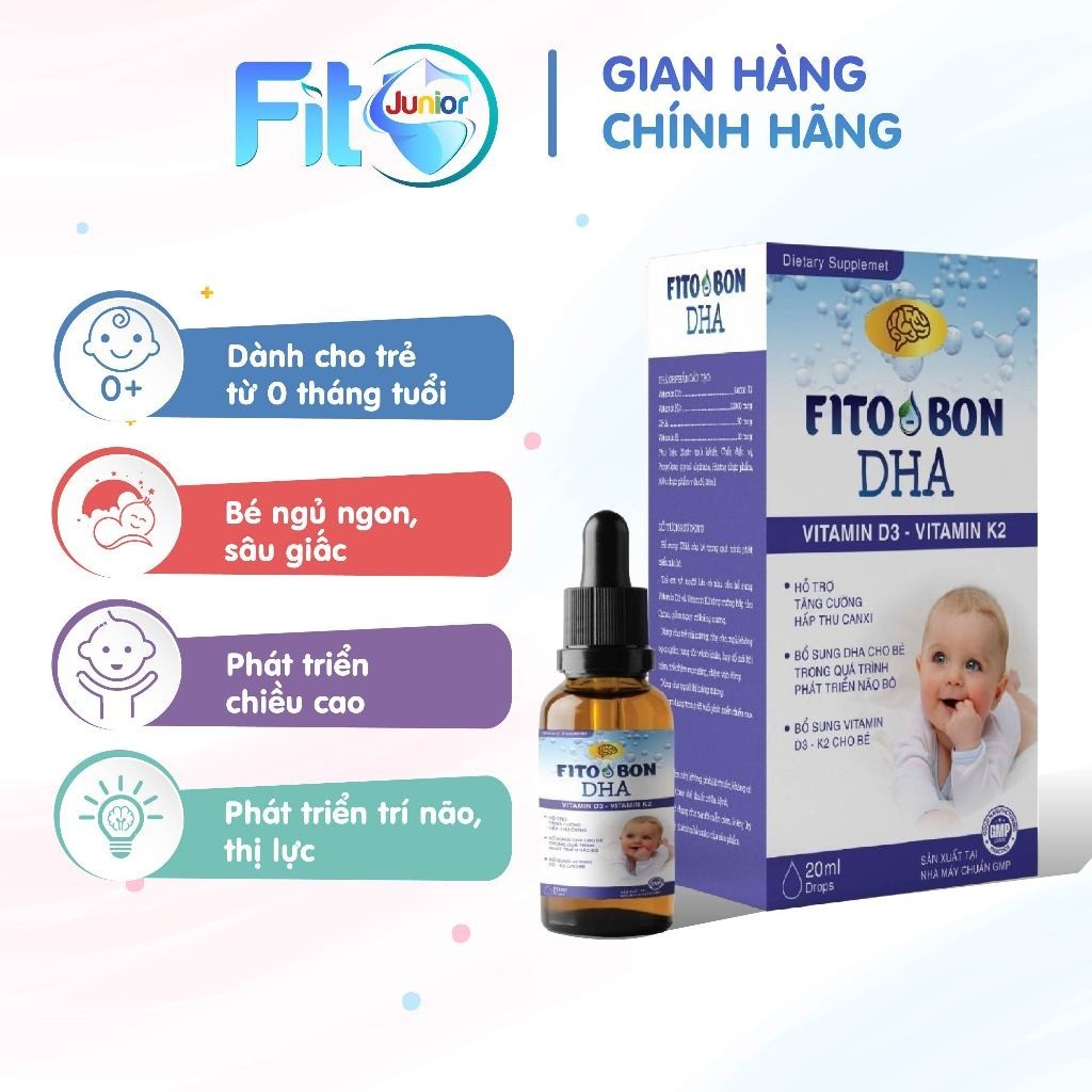Fito Bon DHA Vitamin D3 - Vitamin K2 Không Tanh, Giúp Phát Triển Não Bộ, Thị Lực, Hỗ Trợ Phát Triển Chiều Cao, Hộp 20ml
