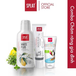 Combo Chăm Răng Gia Đình SPLAT: Kem Đánh Răng White Plus 100ml, KĐR 2-6t Hương Kem Trái Cây 50ml, Nước Súc Miệng 275ml