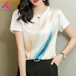 Ruidiandian M-4XL Áo Sơ Mi Ice Silk Plus Size Nữ Mùa Hè Phong Cách Hàn Quốc Rời In Hình Áo Thun Ngắn Tay 40-80kg