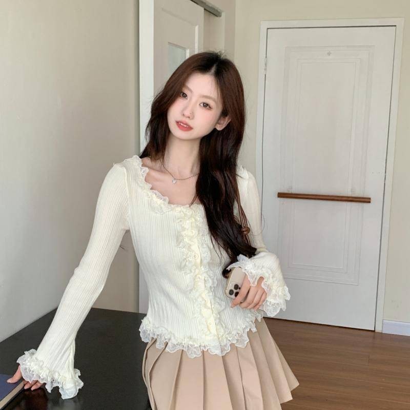 T Sang Trọng Pure Desire Phong Cách Dệt Kim Nữ Phong Cách Ngắn Khâu Ren Top