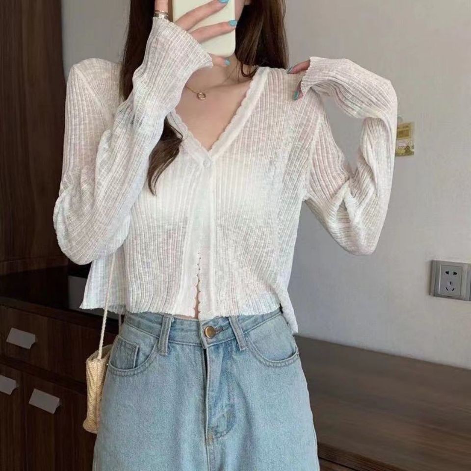 Áo khoác Cardigan mỏng dáng rộng nữ ngắn màu trơn phong cách Hàn Quốc Áo khoác đơn giản