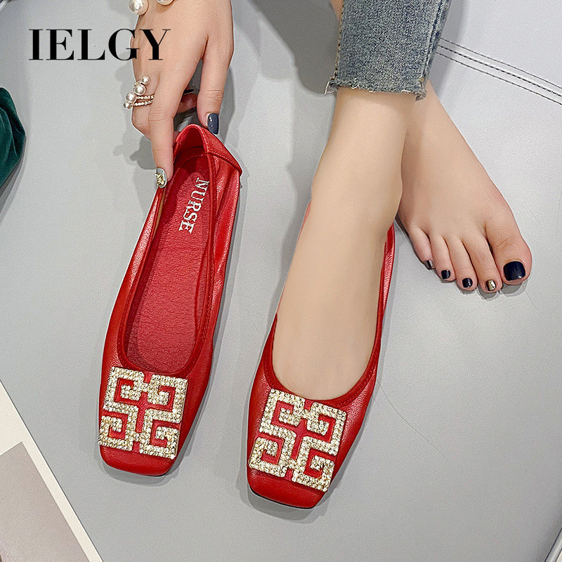 IELGY  Giày Slip-on Slip-on Slip-on Slip-on Flat Square Toe Nữ 2024 Cưới Kim Cương Giả Muỗng Giày