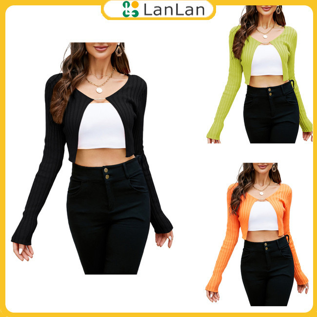 Hot Nữ Crop Shrug Cardigan Hợp Thời Trang Dài Tay Chắc Chắn Cổ Tròn Dây Xích Chi Tiết Mở Phía Trước Ngắn Cardigan Áo Len