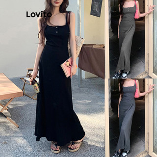 Lovito Đầm Cài Cúc Đơn Giản Cho Nữ LNE34005 (Xám Đậm/Đen)
