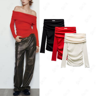  Mùa Xuân Mùa Hè Phong Cách Mới Nữ Off-the-Shoulder Cổ Phẳng Co Giãn Áo Thun Dài Tay5644857