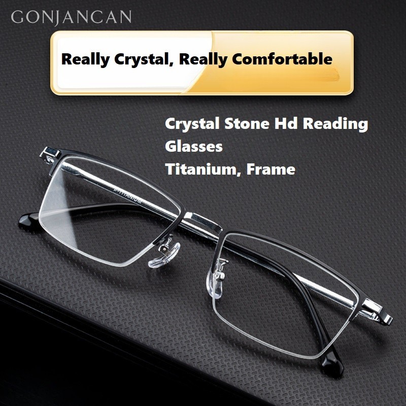 Pure Titanium Reading Glasses Men's Middle-Aged and Elderly Crystal Glass Lens Half Frame Fashion Hd