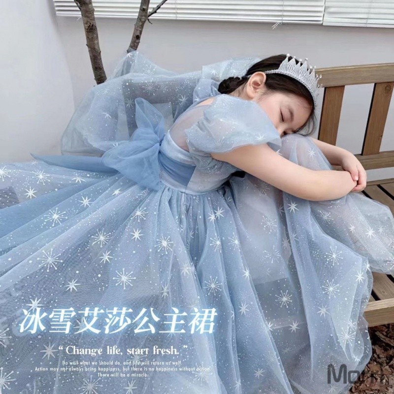 🍊🍋((Váy công chúa Elsa) Mùa hè Phong cách mới Cô gái Elsa Công chúa Bông tuyết thêu gạc Váy một mảnh Váy lớn Đầm công chúa