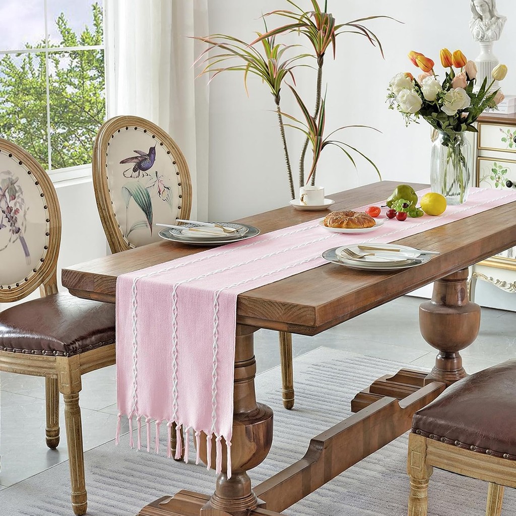 Rustic Linen Table Runner Boho Table Runner Farmhouse Style Table Runners Thêu Table Runner với tua 