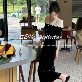 [Sei Home] Luo Yiyi Large Size Plump Girls Autumn and Winter New Slimming High-End Socialite Style Temperament A- line Long Dress Black Dress