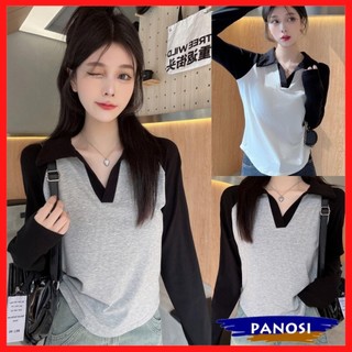 Áo thun nữ dài tay áo thun kiểu polo cổ bẻ chất tăm co giãn kiểu dáng basic A197 PANOSI