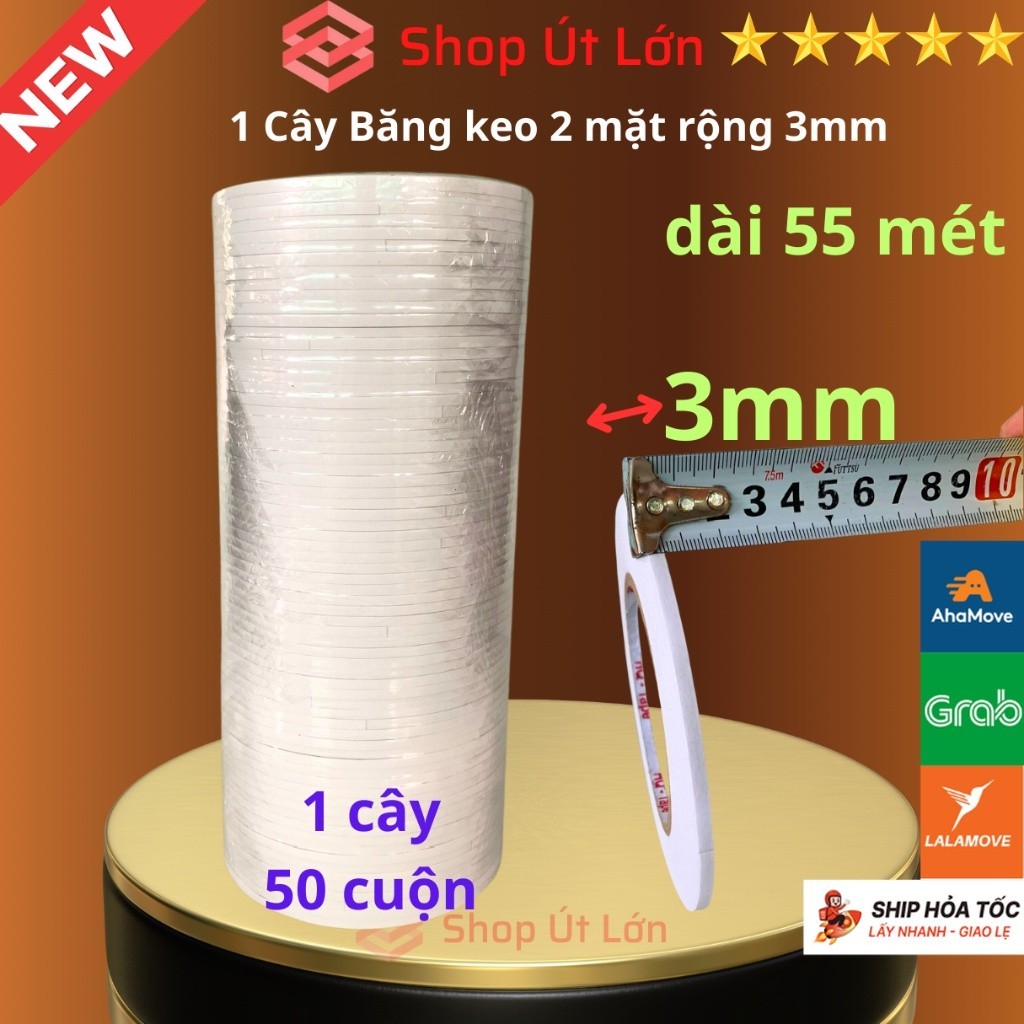 Băng keo 2 mặt trắng rộng 3mm, dài 55 mét, lõi giấy 3mm, 1 cây 50 cuộn, giá tại xưởng - Tân An An