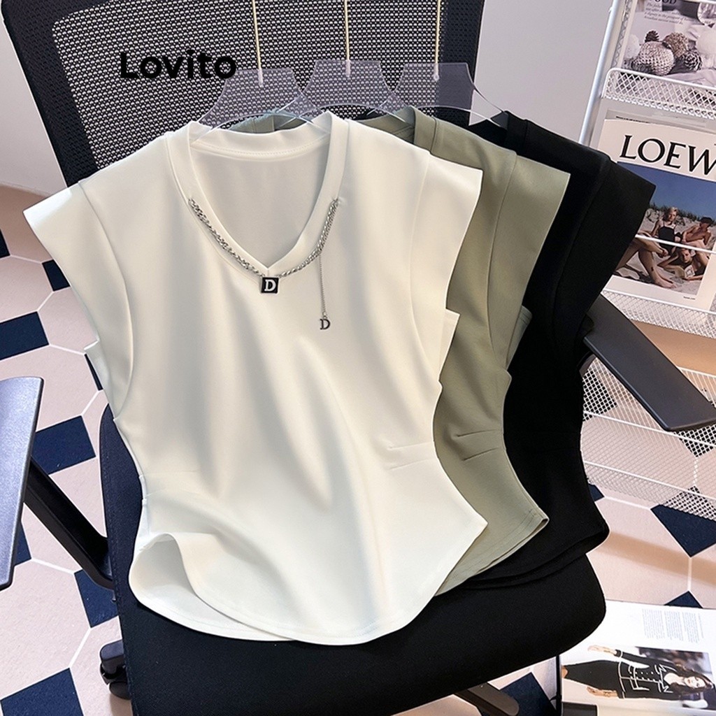 Lovito Áo thun trơn cơ bản thông thường cho nữ LNE29126 (Trắng/Xanh/Đen)