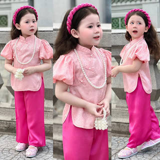 Bộ quần áo bà ba gấm vân hoa kèm bờm cho bé gái