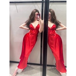  Mùa hè Phong Cách Mới Nữ Màu Đỏ Tính Khí Lụa Satin Backless Sling Dress2341371