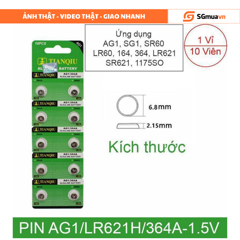 PIN AG1, LR621H, SR621SW, SR60, SR621 (vỉ 10 viên)
