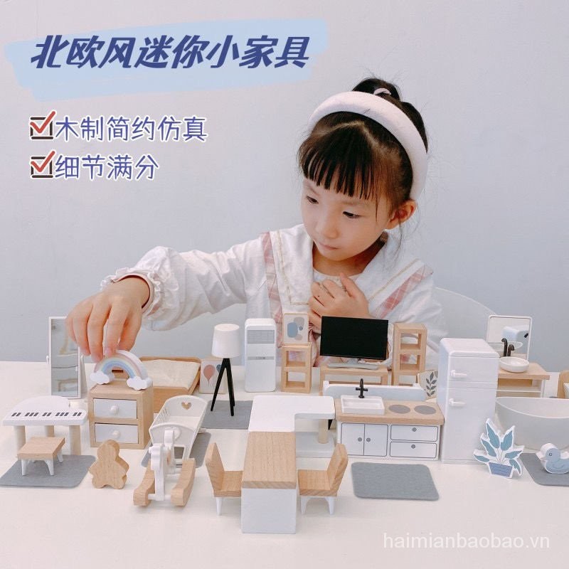 Giải phóng mặt bằng Trẻ em Mini INS Phong cách Nội thất nhỏ Nhà bếp Phòng ngủ Nhà chơi Kết hợp Mô phỏng Nhà búp bê Trang trí Đồ chơi bằng gỗ