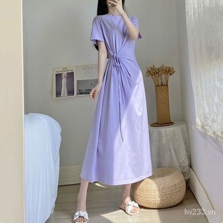 [Đầm Plus Size] (40 ~ 150Kg) Mùa hè dáng rộng Ẩn thịt mỏng hơn có dây buộc Váy màu trơn eo hẹp WLM7