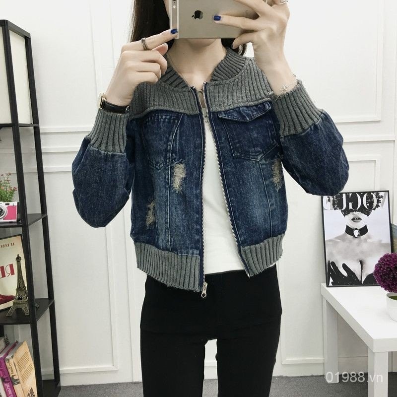 Khâu Top Nữ Áo Khoác Nhỏ Rời Ngắn Cardigan Rách Mỏng Hơn Nhìn Denim Áo Khoác Nữ Mùa Xuân Thu Phiên Bản Hàn Quốc