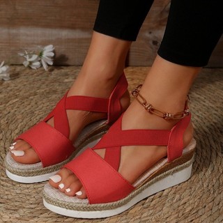 Mùa hè phong cách mới nêm gót giày sandal amazon ngoại thương size lớn sandal châu âu mỹ dây phẳng gai dây so