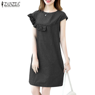 ZANZEA Đầm Ngắn Tay Phối Bèo Màu Trơn Kiểu Hàn Quốc Thời Trang Cho Nữ