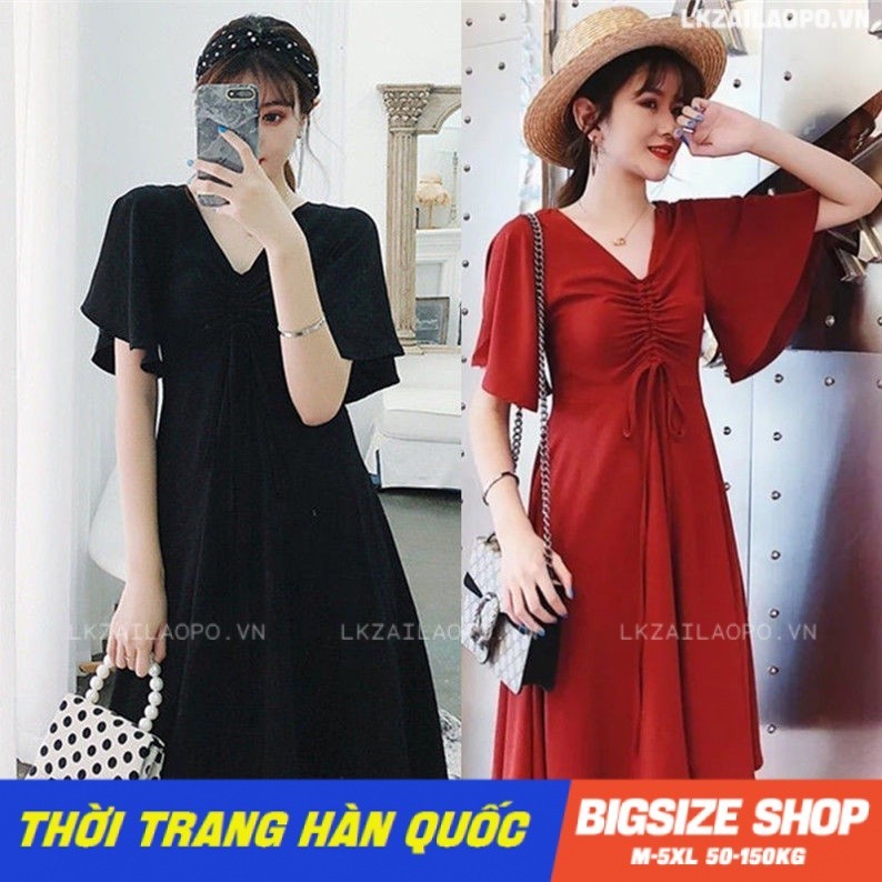 Váy đầm nữ Bigsize Đầm voan dài qua gối tay ngắn cổ chữ v thiết kế dây rút đen mùa hè Phong cách Hàn Quốc Thời Trang đẹp