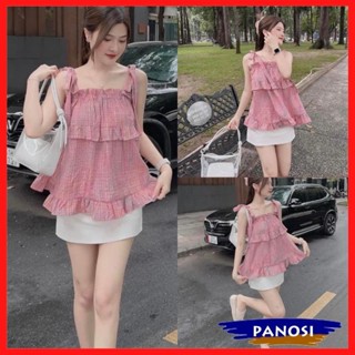  Áo hai dây nữ áo babydoll 2 dây bánh bèo kẻ hồng thiết kế buộc nơ vai xinh xắn PANOSI - MÃ  A33 
