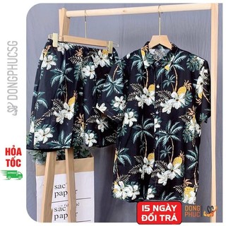 Đồ đi biển nam nữ nguyên bộ sơ mi hoạ tiết hoá lá đủ size bé trai gái và người lớn | DONGPHUCSG