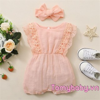 Bộ áo liền quần ngắn không tay mùa hè cho bé gái mới biết đi với vai ren + băng đô thắt nơ 2 chiếc trang phục
