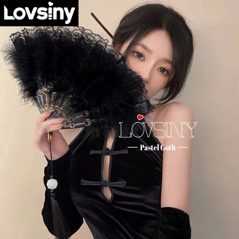 Quạt Xếp Phối Ren Lông Vũ 5 Màu Tùy Chọn Dùng Hóa Trang