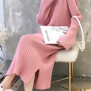 Đầm dài tay phù hợp cho nữ Phong cách Hàn Quốc Mới dáng rộng Đáy dệt kim Đầm cổ tròn thời trang Váy chữ A