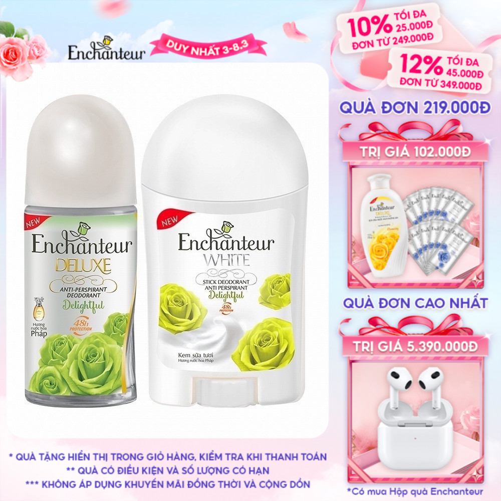 Combo Lăn Khử Mùi Hương Nước Hoa Enchanteur Delightful 50ml + Sáp Khử Mùi Trắng Da Enchanteur Delightful 40g