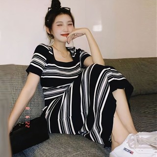 Oeggeo Váy dệt kim ngắn tay sọc dáng rộng mới mùa thu hè dành cho nữ