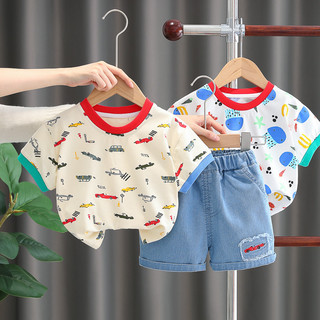 Bé trai mùa hè quần áo hoạt hình in hình áo thun tay ngắn bộ quần short tập đi trẻ sơ sinh 2 chiếc bộ quần áo