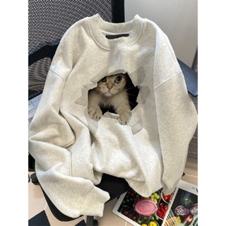  Áo Hoodie Phiên Bản Rời Áo Cổ Tròn Nữ In Hình Mèo Áo Nữ 