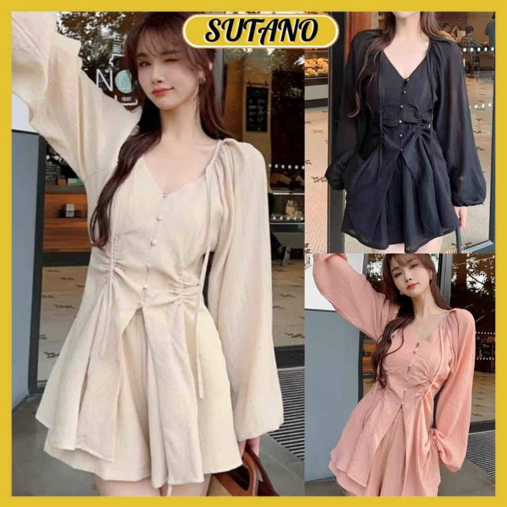 Set bộ đồ nữ đũi gân áo rúm eo cúc bọc phối quần váy xòe tiểu thư set bộ tiểu thư sang chảnh B340 SUTANO