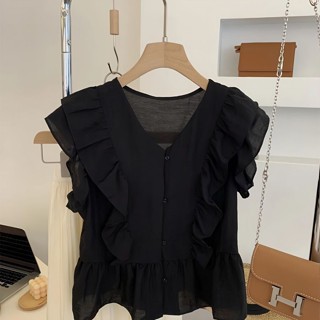  Đen Cổ Chữ v Nhỏ Bay Tay Áo Sơ Mi Voan Bé Nữ Mùa Hè Pháp Xù Áo Sơ Mi Không Tay Ngắn Áo Sơ Mi Nhỏ Top 