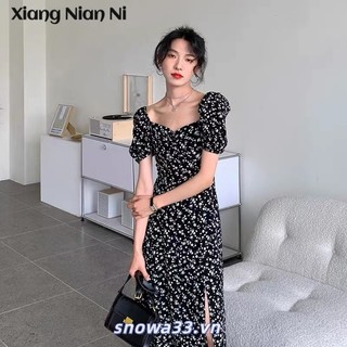 Xiang NIAN NI 2024 mùa hè nóng bỏng phong cách Pháp cổ vuông váy hoa đen xẻ eo gợi cảm tách trà váy dài dành cho nữ