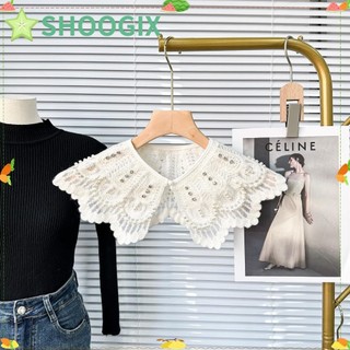 Shoogix giả len dệt cổ đính hạt, ren lên khăn choàng cổ giả nơ, cổ áo insignia đầm trang trí