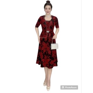 Đầm dự tiệc trung niên dáng vest giấu bụng vải kim tuyến nhũ kim sa co giãn bigsize, Váy trung niên cho mẹ dự tiệc