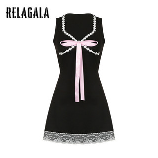 RelaGala Nữ Thời Trang Mới Ren Màu Nơ Nối Cổ Chữ V Eo Không Tay Đầm