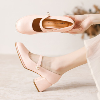 Mới Nông Miệng Dày Gót Mary Jane Giày Nữ Phiên Bản Hàn Quốc Màu Hồng Nữ Ngón Tròn Đi Làm Giày Chuyên Nghiệp