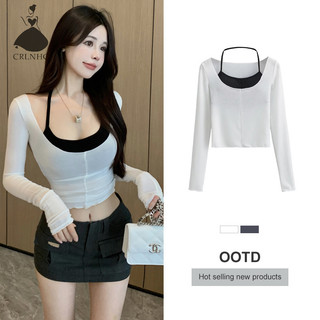 Set Áo Hai Dây Cổ Yếm + Áo Thun Tay Dài Dáng Ôm Gợi Cảm Cho Nữ vn