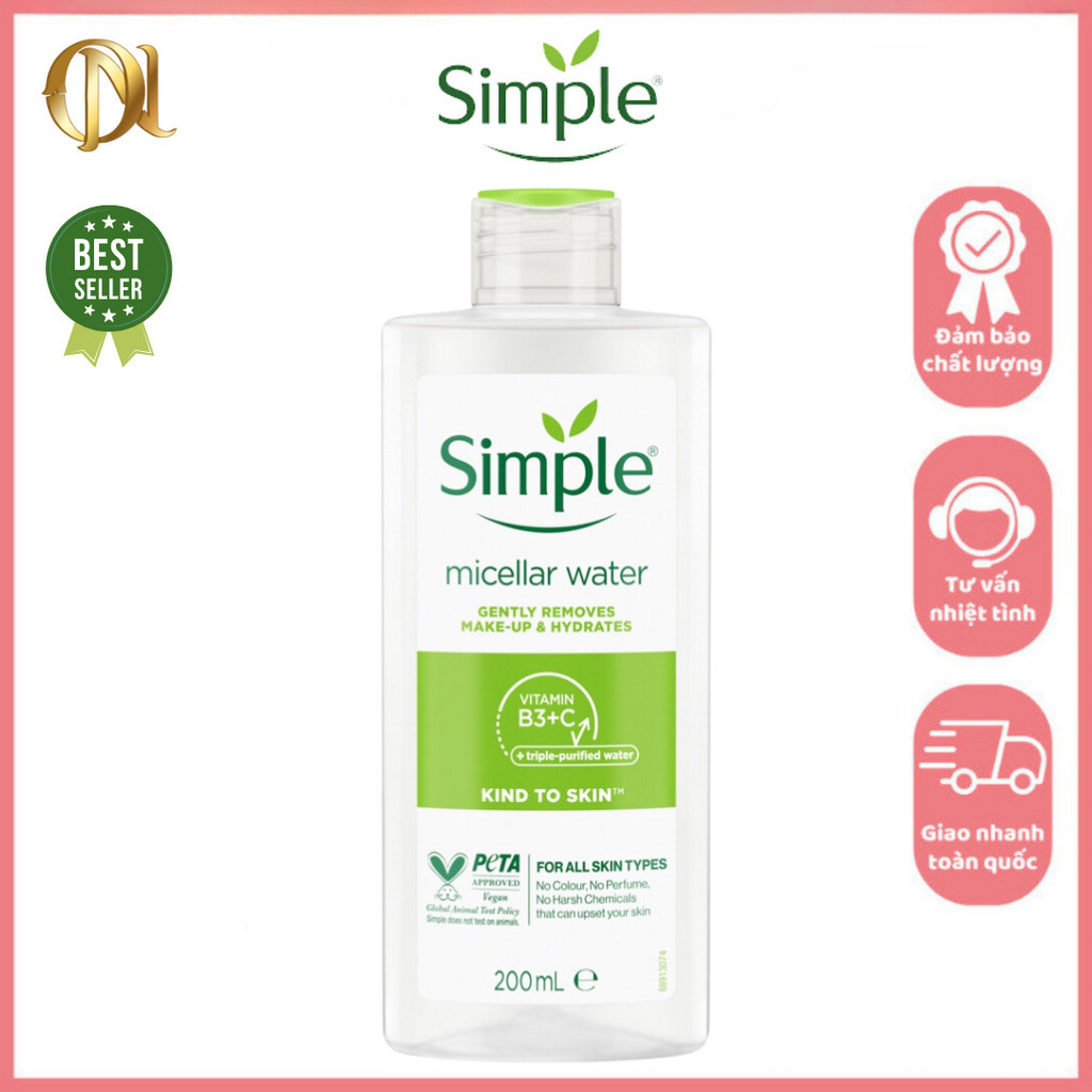 Nước tẩy trang Simple Micellar 200ml, Nước tẩy trang làm sạch, Nước tẩy trang không cồn, Nước tẩy trang cho da nhạy cảm