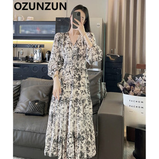 Đầm dài tay in hoa cổ chữ V thời trang Ozunzun 5561