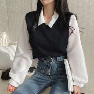 Áo thun hai mảnh giả cổ polo Áo dài tay phong cách phương Tây Loose All @ -