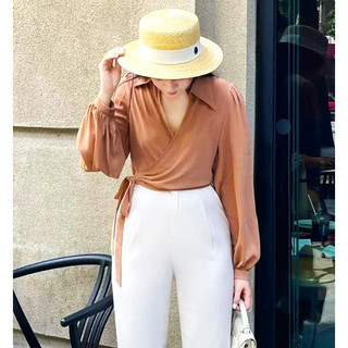Áo sơ mi bảo khánh shop áo kiểu croptop kiểu dáng buộc nơ eo tay bồng dài cổ v chéo 226
