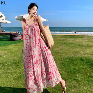 Màu đỏ đỏ in sling đầm nữ sling đầm mực in sling đầm mùa hè đi biển kỳ nghỉ sling đi biển