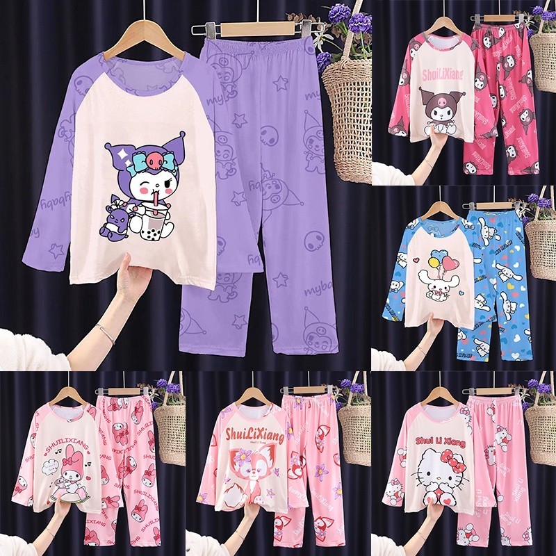 Kuromi Pyjama Dành Cho Trẻ Em Và Bé Gái Thu Đông Cinnamoroll Dài Tay Mỏng Ren Cô Gái Hoạt Hình Công Chúa Dễ Thương Đồ Ngủ