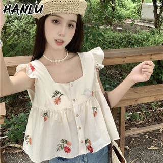 Áo sơ mi ngắn rốn mới dành cho nữ HANLU, áo sơ mi kiểu Pháp cổ vuông hoa ngắn tay
